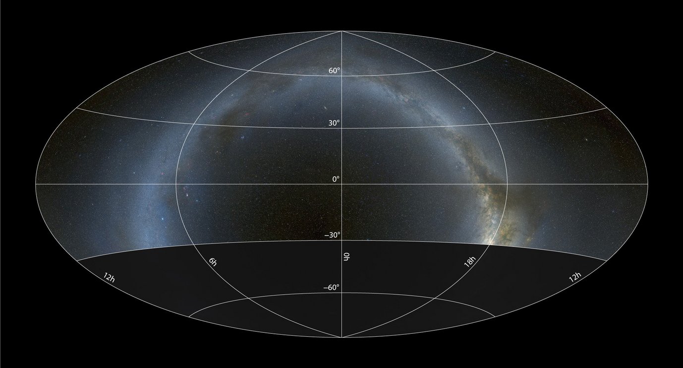 Sky coverage of the Pan-STARRS1 survey in a Hammer-Aitoff projection with equatorial coordinates. The survey covers 3/4 of the entire sky down to a declination of −30°, including a large fraction of the plane of the Milky Way.
