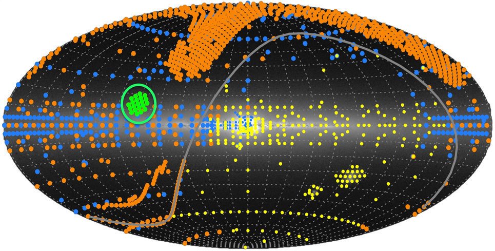The planned APOGEE-2 survey area overlain on an image of the Milky Way. Each dot shows a position where APOGEE-2 will obtain stellar spectra.