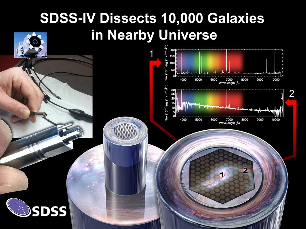 The new SDSS will measure spectra at multiple points in the same galaxy using a newly-created fiber bundle. The bottom right illustrates how each fiber will observe a different section of the galaxy. The top right shows data gathered by two fibers observing two different parts of the galaxy, demonstrating how the spectrum of the central regions differs dramatically from outer regions.