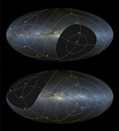 Panoramic views with equatorial coordinates of the accessible sky at the Sloan Foundation (left) and the du Pont (right) Telescopes.