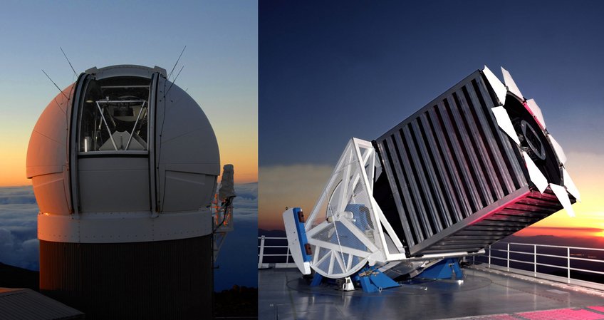 Two survey telescopes: Pan-STARRS1 on the left and and the Sloan Foundation Telescope on the right.  Two survey telescopes: Pan-STARRS1 on the left and and the Sloan Foundation Telescope on the right.