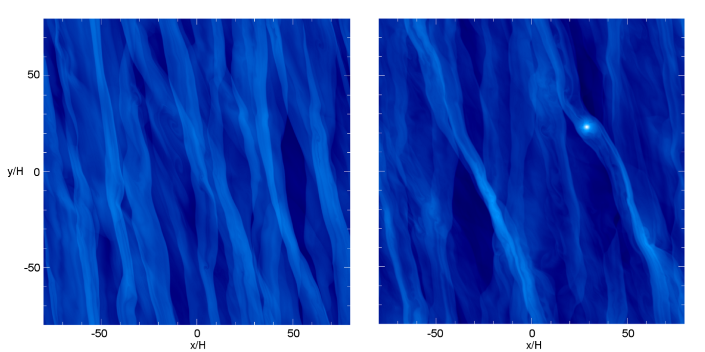 Surface density maps of stable (left) and fragmenting (right) local disk simulations.