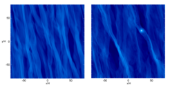 Surface density maps of stable (left) and fragmenting (right) local disk simulations.