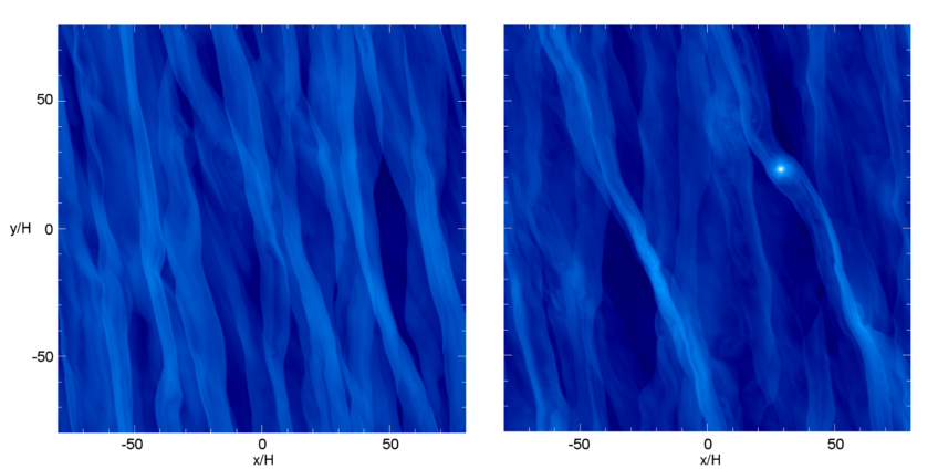 Surface density maps of stable (left) and fragmenting (right) local disk simulations. Surface density maps of stable (left) and fragmenting (right) local disk simulations.
