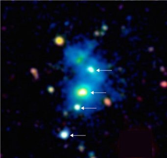 Bild der Raumregion, in der sich das seltene Quasar-Quartett befindet. Die Positionen der vier Quasare sind durch Pfeile angezeigt. Der Nebel, in den die Quasare eingebettet sind, ist als bläuliches durchscheinendes Gebilde zu sehen. Er hat eine Ausdehnung von rund einer Million Lichtjahren. Quasar und Nebel sind so weit von uns entfernt, dass ihr Licht fast 10 Milliarden Jahre benötigt hat, um Teleskope auf der Erde zu erreichen. Das Falschfarbenbild basiert auf Beobachtungen mit dem 10-Meter-Keck-Teleskop auf dem Gipfel des Maunakea in Hawaii. Bild der Raumregion, in der sich das seltene Quasar-Quartett befindet. Die Positionen der vier Quasare sind durch Pfeile angezeigt. Der Nebel, in den die Quasare eingebettet sind, ist als bläuliches durchscheinendes Gebilde zu sehen. Er hat eine Ausdehnung von rund einer Million Lichtjahren. Quasar und Nebel sind so weit von uns entfernt, dass ihr Licht fast 10 Milliarden Jahre benötigt hat, um Teleskope auf der Erde zu erreichen. Das Falschfarbenbild basiert auf Beobachtungen mit dem 10-Meter-Keck-Teleskop auf dem Gipfel des Maunakea in Hawaii.