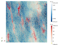 White: Gas density, Red: Gas density.Note how gas concentrations follow high-pressure regions and become elongated along the shear flow.