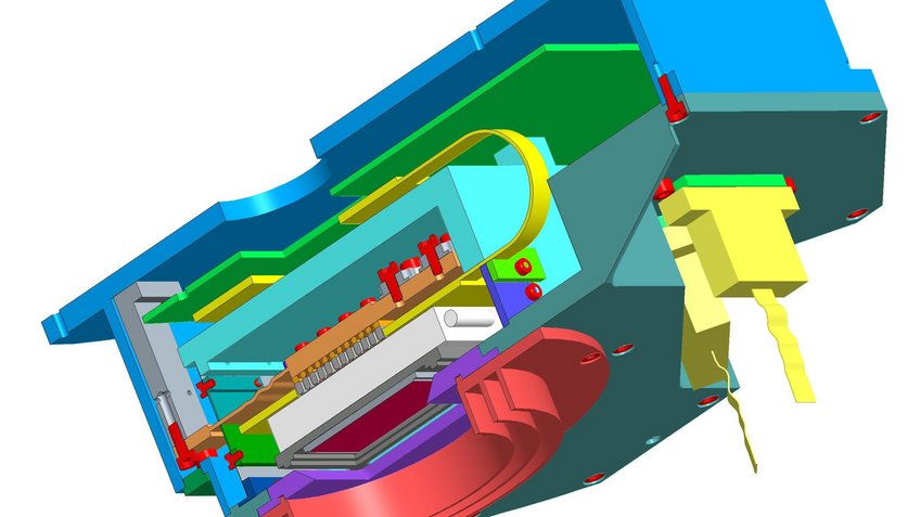 Sectional view of the LINC-NIRVANA detector unit. The infrared detector with 2048x2048 pixels is the core element of the instrument. Sectional view of the LINC-NIRVANA detector unit. The infrared detector with 2048x2048 pixels is the core element of the instrument.