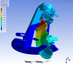 Design model of the LINC-NIRVANA cryogenic optics. The maximum distortion of the support structure, that occurs when the telescope is tilted, was determined with a Finite Element Simulation.