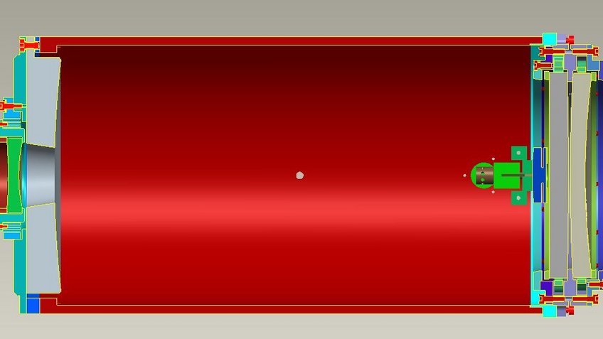 Schnittdarstellung durch ein hoch auflösendes Kamerasystem für das Instrument LUCI am LBT. Neben den Strukturbauteilen sind hier die Spiegel (Hauptspiegel auf der linken Seite) auch aus einer Aluminium-Legierung (AlSi40) gefertigt. Schnittdarstellung durch ein hoch auflösendes Kamerasystem für das Instrument LUCI am LBT. Neben den Strukturbauteilen sind hier die Spiegel (Hauptspiegel auf der linken Seite) auch aus einer Aluminium-Legierung (AlSi40) gefertigt.