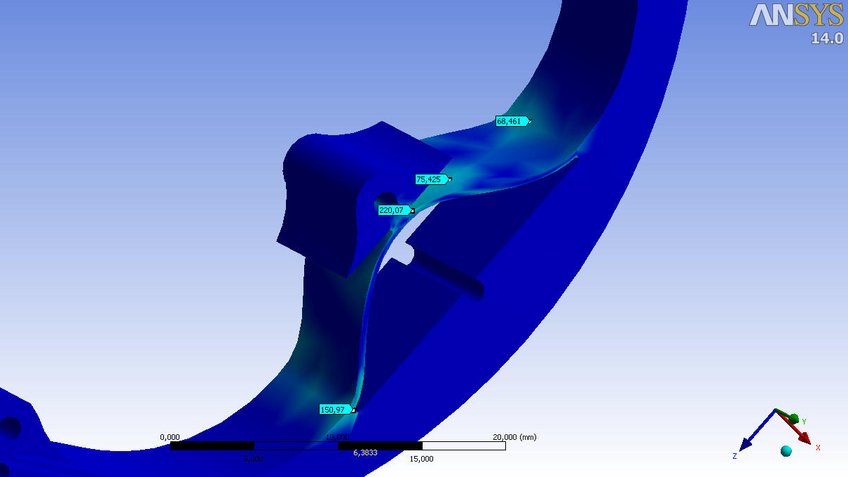 Berechnung der maximalen Spannungen in einem Federelement am Übergang vom Werkstoff Titan auf eine Aluminiumlegierung bei einer Arbeitstemperatur von 60 K.Dieses Federelement kommt an der Verbindung zwischen Hauptspiegel und Fassung der Austrittslinse der LUCI-Kamera zum Einsatz. Berechnung der maximalen Spannungen in einem Federelement am Übergang vom Werkstoff Titan auf eine Aluminiumlegierung bei einer Arbeitstemperatur von 60 K.Dieses Federelement kommt an der Verbindung zwischen Hauptspiegel und Fassung der Austrittslinse der LUCI-Kamera zum Einsatz.