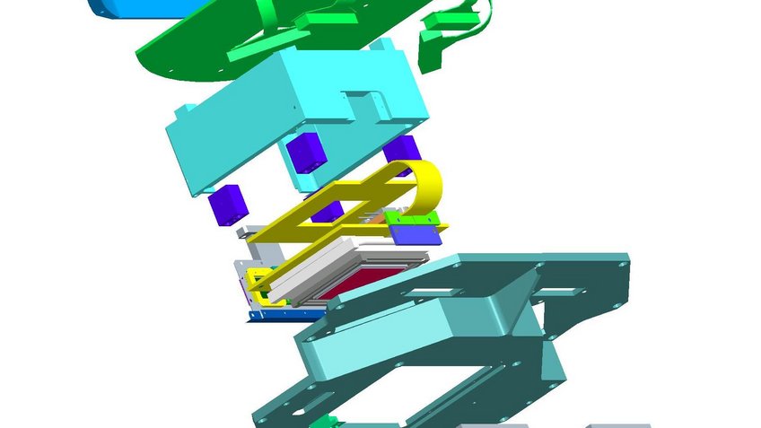 Explosionsdarstellung der Detektor-Einheit für LINC-NIRVANA.  Explosionsdarstellung der Detektor-Einheit für LINC-NIRVANA.