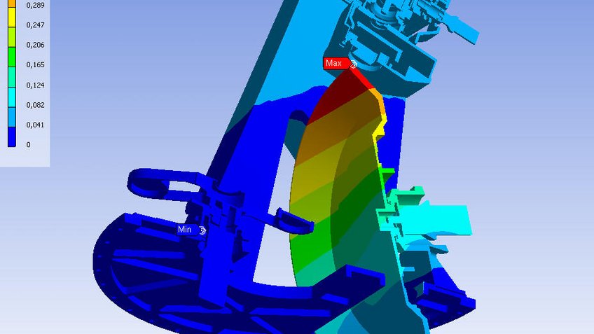 Konstruktionsmodell der kryogenen Optik von LINC-NIRVANA. Die maximale Verformung der Haltestruktur beim Verkippen des Teleskops wurde mit einer Finite-Elemente Simulation berechnet.  Konstruktionsmodell der kryogenen Optik von LINC-NIRVANA. Die maximale Verformung der Haltestruktur beim Verkippen des Teleskops wurde mit einer Finite-Elemente Simulation berechnet.