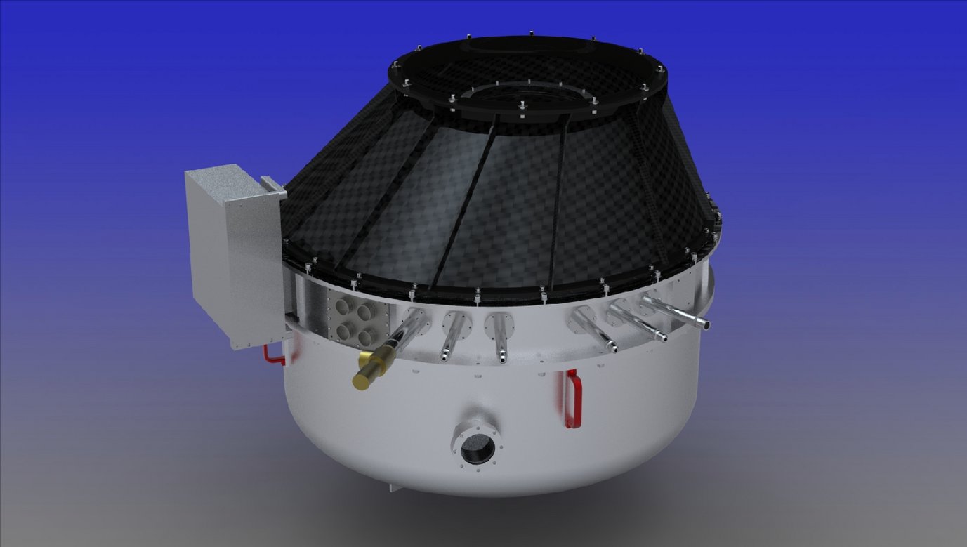 Fotorealistische Darstellung (Computermodell) der Nah-Infrarot-Kamera PANIC für das 2,2m-Teleskop auf dem Calar Alto in Spanien. Die Kamera ist über einen Adapter aus kohlefaserverstärktem Kunststoff mit dem Teleskop verbunden.