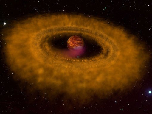 Abbildung 2:Künstlerische Darstellung des Einzelobjekts OTS44. Sorgfältige Untersuchungen einer Astronomengruppe unter der Leitung von Viki Joergens (MPIA) zeigen, dass sich dieses Objekt in der gleichen Weise gebildet hat wie ein Stern. Auch jetzt noch fallen beachtliche Mengen an Materie aus der das Objekt umgebenden Scheibe auf OTS44.