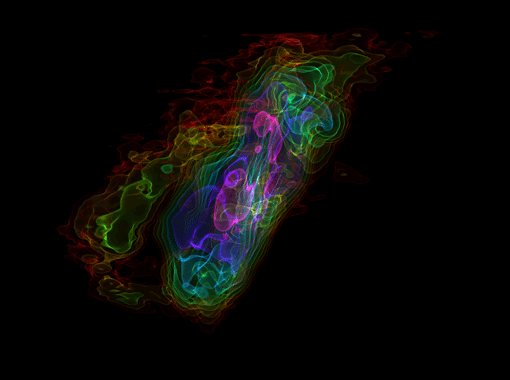 Abbildung 1: Falschfarbendarstellung der Daten, die ALMA bei Beobachtungen der Starburst-Galaxie NGC 253 aufgenommen hat. Die Farbe gibt die Intensität des empfangenen Lichts an, von schwachem Leuchten bei blauer bis hin zu starkem Leuchten bei rötlicher Färbung. Diese und ähnliche Visualisierungen haben den Astronomen dabei geholfen, das Ausströmen von molekularem Wasserstoffgas aus den Sternentstehungsregionen in den Zentralbereichen von NGC 253 nachzuweisen. Das hier gezeigte Bild ist Titelbild der Ausgabe vom 25. Juli 2013 der Fachzeitschrift 'Nature'.