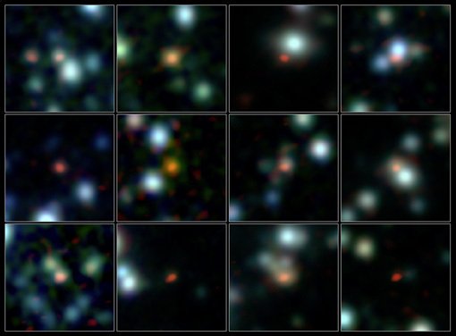 Abbildung 1: Ein Astronomenteam unter Beteiligung von MPIA-Forschern hat mit dem neuen Atacama Large Millimeter/submillimeter Array (ALMA) die Positionen von über 100 Galaxien im frühen Universum genau bestimmt, in denen besonders viele Sterne entstanden sind. Diese Zusammenstellung zeigt Nahaufnahmen einer Auswahl dieser Galaxien. Die ALMA-Aufnahmen im Submillimeterbereich (rot und orange dargestellt) wurden dabei über eine Infrarotaufnahme (in blau dargestellt) der IRAC-Kamera des Spitzer-Weltraumteleskops gelegt. Vorangehende Beobachtungen waren nicht detailscharf genug gewesen, um diese Galaxien eindeutig in Aufnahmen aus anderen Wellenlängenbereichen zu identifizieren.