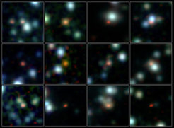 Abbildung 1: Ein Astronomenteam unter Beteiligung von MPIA-Forschern hat mit dem neuen Atacama Large Millimeter/submillimeter Array (ALMA) die Positionen von über 100 Galaxien im frühen Universum genau bestimmt, in denen besonders viele Sterne entstanden sind. Diese Zusammenstellung zeigt Nahaufnahmen einer Auswahl dieser Galaxien. Die ALMA-Aufnahmen im Submillimeterbereich (rot und orange dargestellt) wurden dabei über eine Infrarotaufnahme (in blau dargestellt) der IRAC-Kamera des Spitzer-Weltraumteleskops gelegt. Vorangehende Beobachtungen waren nicht detailscharf genug gewesen, um diese Galaxien eindeutig in Aufnahmen aus anderen Wellenlängenbereichen zu identifizieren.