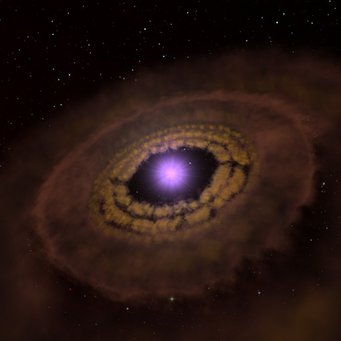 Abbildung 1: Künstlerische Darstellung der Gas- und Staubscheibe um den jungen Stern TW Hydrae. Neue Messungen mit dem Weltraumteleskop Herschel, an denen auch Thomas Henning vom MPIA beteiligt war, haben für die Scheibe jetzt eine größere Masse ergeben als zuvor angenommen. Abbildung 1: Künstlerische Darstellung der Gas- und Staubscheibe um den jungen Stern TW Hydrae. Neue Messungen mit dem Weltraumteleskop Herschel, an denen auch Thomas Henning vom MPIA beteiligt war, haben für die Scheibe jetzt eine größere Masse ergeben als zuvor angenommen.