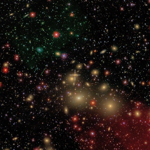 Abbildung 2: NGC 1277 ist Teil des Perseus-Galaxienhaufens, der mit einem Abstand von 250 Millionen Lichtjahren einer der erdnächsten Galaxienhaufen ist. Alle in diesem Bild sichtbaren elliptischen und rundlichen gelblichen Galaxien sind Teil des Haufens. Im Vergleich mit den anderen Haufenmitgliedern ist NGC 1277 vergleichsweise kompakt.