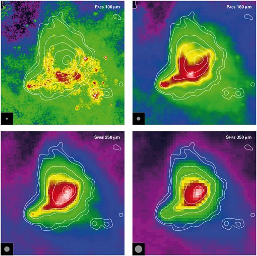 Abbildung 1: Falschfarbenbild der Dunkelwolke Barnard 68 aus Daten des Weltraumteleskops Herschel bei unterschiedlichen Wellenlängen im Ferninfrarotbereich. Die scheinbare Form der Wolke ändert sich in Abhängigkeit von der Wellenlänge in einer Weise, die auf ungleichmäßige Beleuchtung durch eine äußere Quelle hindeutet. Links unten ist in einem kleinen Ausläufer eine eng begrenzte Struktur zusehen. Dies könnte ein Wolkenfragment sein, das gerade mit Barnard 68 kollidiert. Die gezeigten Wellenlängen sind 100, 160, 250 und 350 Mikrometer. Die Farben des Bildes zeigen Intensitäten an: Von niedrigen Intensitäten bei lila und blau bis zu hoher Intensität in rot und weiß. Abbildung 1: Falschfarbenbild der Dunkelwolke Barnard 68 aus Daten des Weltraumteleskops Herschel bei unterschiedlichen Wellenlängen im Ferninfrarotbereich. Die scheinbare Form der Wolke ändert sich in Abhängigkeit von der Wellenlänge in einer Weise, die auf ungleichmäßige Beleuchtung durch eine äußere Quelle hindeutet. Links unten ist in einem kleinen Ausläufer eine eng begrenzte Struktur zusehen. Dies könnte ein Wolkenfragment sein, das gerade mit Barnard 68 kollidiert. Die gezeigten Wellenlängen sind 100, 160, 250 und 350 Mikrometer. Die Farben des Bildes zeigen Intensitäten an: Von niedrigen Intensitäten bei lila und blau bis zu hoher Intensität in rot und weiß.