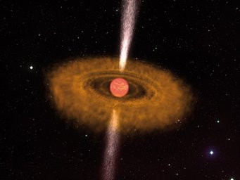 Abbildung 1: Von einer Scheibe umgebener junger Brauner Zwerg, der Jet-Ströme herausschleudert – ähnlich wie bei neugeborenen Sternen (künstlerische Darstellung) Abbildung 1: Von einer Scheibe umgebener junger Brauner Zwerg, der Jet-Ströme herausschleudert – ähnlich wie bei neugeborenen Sternen (künstlerische Darstellung)