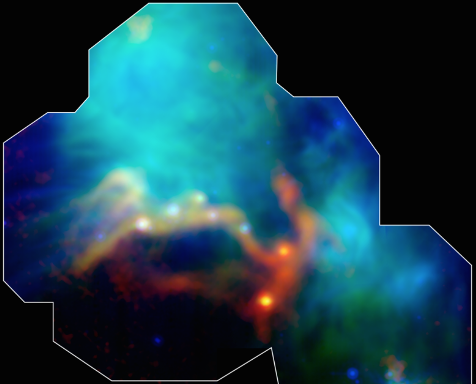 Three-color composite image of the Messier 78 (NGC 2068) region in the Orion molecular cloud complex, where several deeply embedded, very young, protostars where discovered by MPIA scientists using the Herschel space telescope. The youngest forming protostars can be seen as the reddest bright dots within the filamentary structure. Colors correspond to APEX 870 micron (red), Herschel 160 micron (green), and Spitzer 24 micron (blue). Three-color composite image of the Messier 78 (NGC 2068) region in the Orion molecular cloud complex, where several deeply embedded, very young, protostars where discovered by MPIA scientists using the Herschel space telescope. The youngest forming protostars can be seen as the reddest bright dots within the filamentary structure. Colors correspond to APEX 870 micron (red), Herschel 160 micron (green), and Spitzer 24 micron (blue).