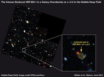 Abbildung 3: Das Hubble Deep Field und die Position der Submillimeter-Galaxie HDF850.1. Die eingezeichneten Linien entsprechen den Daten der Submillimeter-Beobachtungen der Galaxie; im sichtbaren Licht ist sie unsichtbar. Abbildung 3: Das Hubble Deep Field und die Position der Submillimeter-Galaxie HDF850.1. Die eingezeichneten Linien entsprechen den Daten der Submillimeter-Beobachtungen der Galaxie; im sichtbaren Licht ist sie unsichtbar.