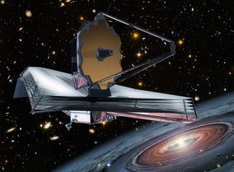 Abbildung 1: Das James Webb-Weltraumteleskop, der Nachfolger des Hubble-Weltraumteleskops, besitzt einen Hauptspiegel mit 6,5 Metern Durchmesser. Sein Start ist für das Jahr 2018 vorgesehen. Abbildung 1: Das James Webb-Weltraumteleskop, der Nachfolger des Hubble-Weltraumteleskops, besitzt einen Hauptspiegel mit 6,5 Metern Durchmesser. Sein Start ist für das Jahr 2018 vorgesehen.
