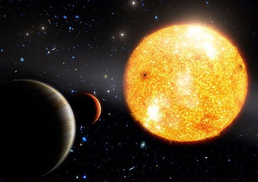 Abbildung 1: Künstlerische Darstellung des Sterns HIP 11952 und seiner zwei jupiterähnlichen Planeten. Abbildung 1: Künstlerische Darstellung des Sterns HIP 11952 und seiner zwei jupiterähnlichen Planeten.