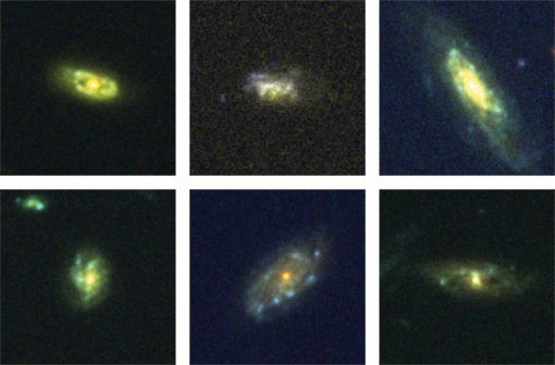 Abbildung 1: Bilder der sechs Galaxien, bei denen Rückflüsse gemessen wurden, aufgenommen mit der Advanced Camera for Surveys des Hubble-Weltraumteleskops. Die meisten dieser Galaxien sind Scheibengalaxien mit Spiralarmen, ähnlich unserer Milchstraße. In den Bildern erscheinen die Galaxien geneigt – offenbar sehen wir sie eher von der Seite. Das würde zu einem Szenario passen, in dem Materie vornehmlich senkrecht zur Scheibenebene ausströmt und dann von der Seite wieder auf die Galaxie zurückfällt.