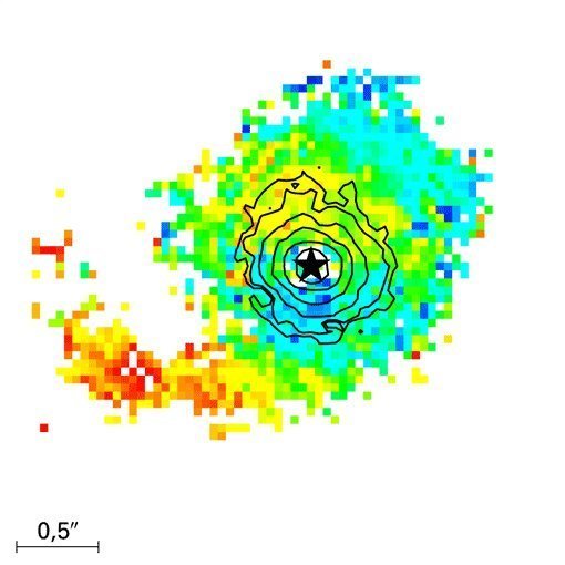Abbildung 1: Die Farben in diesem Bild der Galaxie J090543.56+043347.3 zeigen an, ob und wie schnell sich das Gas in dem betreffenden Bereich der Galaxie auf uns zu oder von uns weg bewegt. Aus diesen Informationen haben die Forscher die dynamische Masse der Galaxie rekonstruiert. Der Stern in der Mitte zeigt die Position des aktiven Galaxienkerns an, die Konturlinien die Helligkeit des von ihm ausgesandten Lichts. Tiefblaue Bildpunkte zeigen an, dass sich Gas mit 250 km/s auf uns zu bewegt, dunkelrote Punkte, dass es sich mit 350 km/s von uns weg bewegt.