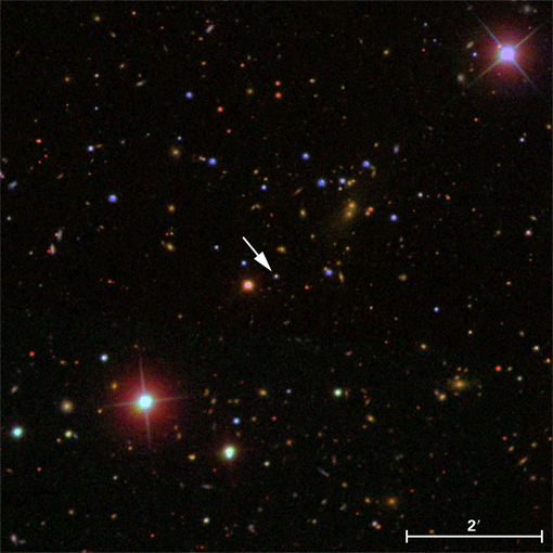 Abbildung 2: Auf herkömmlichen Abbildungen wie diesem Bild aus der Durchmusterung SDSS ist J090543.56+043347.3 als strukturloser Lichtpunkt zu sehen.