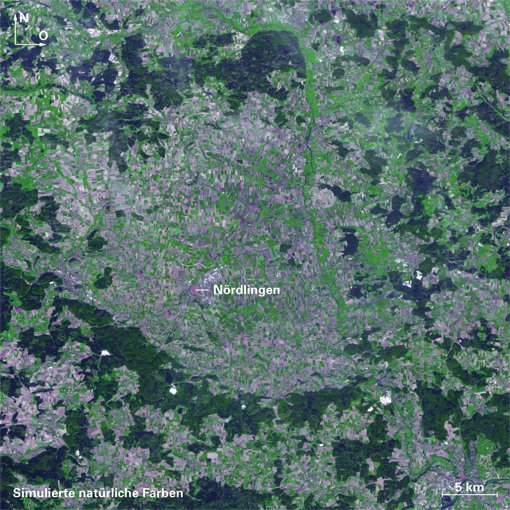 Abb. 2: Das Nördlinger Ries entstand vor rund 15 Millionen Jahren durch einen Meteoriteneinschlag. Die Kraterreste haben einen Durchmesser von rund 20 Kilometern. Im Vergleich zum deutlich jüngeren Barringer-Krater sind die Umrisse des Kraters auf dieser Satellitenaufnahme gerade so zu erkennen.