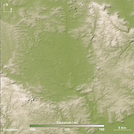 Abb. 3: Das Höhenprofil des Nördlinger Ries, rekonstruiert aus Satellitendaten. Auf solch einer Karte tritt die Struktur des weitgehend erodierten und aufgefüllten Kraters deutlicher hervor als auf einem Satellitenfoto.