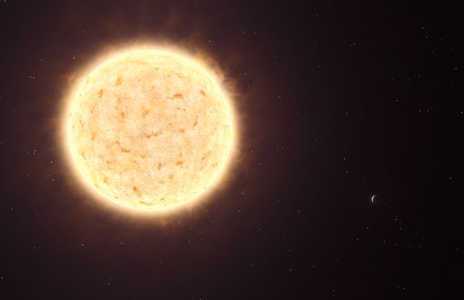 Abbildung 1: Ein Exoplanet (rechts) aus einer anderen Galaxie und sein Stern (links):Künstlerische Darstellung des gelblichen Sterns HIP 13044 und, rechts unten, seines Planeten HIP 13044 b. HIP 13044 gehört zum Helmi-Sternstrom, einem Überrest einer Zwerggalaxie, die vor Milliarden von Jahren von der Milchstraße geschluckt wurde.