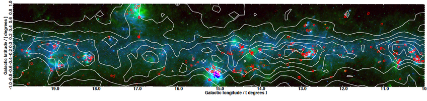 3-color image taken from Tackenberg et al. (2012). Red ATLASGAL, green 24μm, blue 8μm. Contours display CO emission from Dame et al. 2001) 3-color image taken from Tackenberg et al. (2012). Red ATLASGAL, green 24μm, blue 8μm. Contours display CO emission from Dame et al. 2001)