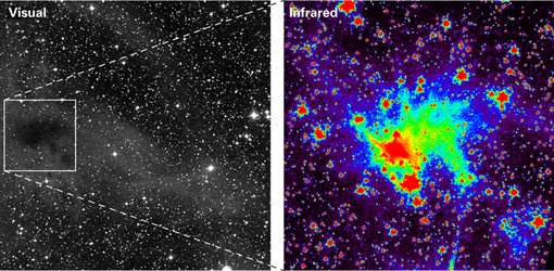 Abbildung 1: Die Molekülwolke CB 244 im Sternbild Cepheus, rund 650 Lichtjahre entfernt. Das Licht der Milchstrasse wird von den Molekülwolken unterschiedlich gestreut. Optisches Licht wird vor allem von kleinen Staubteilchen in den Außenbereichen gestreut. Licht aus dem mittleren Infrarot wird an den größeren Staubteilchen im Wolkeninneren gestreut. Dies ist der in dem Falschfarbenbild dargestellte, neu entdeckte »Kernschein« (»coreshine«). Abbildung 1: Die Molekülwolke CB 244 im Sternbild Cepheus, rund 650 Lichtjahre entfernt. Das Licht der Milchstrasse wird von den Molekülwolken unterschiedlich gestreut. Optisches Licht wird vor allem von kleinen Staubteilchen in den Außenbereichen gestreut. Licht aus dem mittleren Infrarot wird an den größeren Staubteilchen im Wolkeninneren gestreut. Dies ist der in dem Falschfarbenbild dargestellte, neu entdeckte »Kernschein« (»coreshine«).