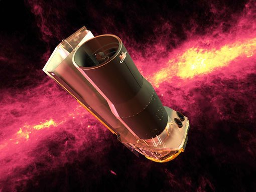 Abbildung 4: Das Weltraumteleskop SPITZER vor einer Infrarotdarstellung des Nachthimmels (computergenerierte Darstellung). Mit Hilfe von SPITZER haben Forscher jetzt ein neues astronomisches Phänomen entdeckt, den so genannten »Kernschein«. Abbildung 4: Das Weltraumteleskop SPITZER vor einer Infrarotdarstellung des Nachthimmels (computergenerierte Darstellung). Mit Hilfe von SPITZER haben Forscher jetzt ein neues astronomisches Phänomen entdeckt, den so genannten »Kernschein«.