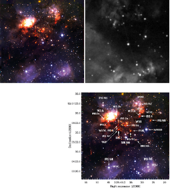 Abbildung 1: zeigt die LUCI-1 Aufnahme von W3Main im Nah-Infrarot (oben links) und ein Bild im sichtbaren Licht (oben rechts). Während das normale Bild nur wenige Sterne zeigt, enthüllt das LUCI-1 Bild eine ganze Gruppe junger Sterne. Der Bildervergleich illustriert das große Potenzial von Beobachtungen bei den längeren Wellenlängen des Nahinfrarot, um dichte Molekülwolken aus Gas und Staub zu durchdringen. Abbildung 1: zeigt die LUCI-1 Aufnahme von W3Main im Nah-Infrarot (oben links) und ein Bild im sichtbaren Licht (oben rechts). Während das normale Bild nur wenige Sterne zeigt, enthüllt das LUCI-1 Bild eine ganze Gruppe junger Sterne. Der Bildervergleich illustriert das große Potenzial von Beobachtungen bei den längeren Wellenlängen des Nahinfrarot, um dichte Molekülwolken aus Gas und Staub zu durchdringen.