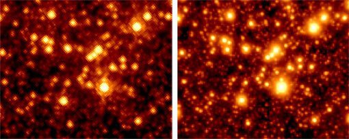 Abb. 3: Vergleich des LBT mit dem Weltraumteleskop Hubble: Das Bild zeigt die Zentralregion des Kugelsternhaufens M92, von beiden Teleskopen bei einer Wellenlänge von 1.6 µm beobachtet. Es ist leicht erkennbar, dass das LBT-Bild (rechts) das Hubble-Bild (links) an Schärfe und Empfindlichkeit deutlich übertrifft.