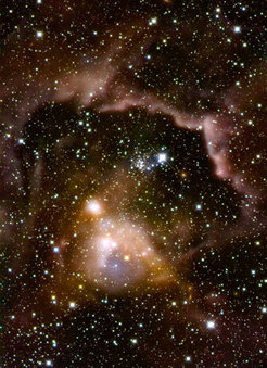Abb. 1: Aufnahme der Sternentstehungsregion ISOSS J22164+6003 im Infrarotlicht: Massereiche Sterne in frühen Phasen ihrer Entwicklung. Einige der Protosterne sind noch tief in bis zu -255 Grad Celsius kaltes Gas und Staub eingebettet und nur im fernen Infrarot nachweisbar. Kombination von HERSCHEL-Beobachtungen im fernen Infrarot (rötliche und gelbliche Strukturen) mit einem Bild im nahen Infrarot (Calar-Alto-Observatorium).