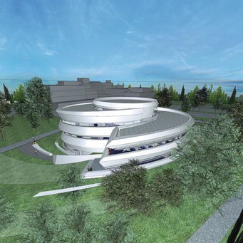 Abb. 2: Entwurf des HDA durch die Architekten Bernhardt + Partner aus Darmstadt. Im Hintergrund das Gebäude des MPIA. Abb. 2: Entwurf des HDA durch die Architekten Bernhardt + Partner aus Darmstadt. Im Hintergrund das Gebäude des MPIA.