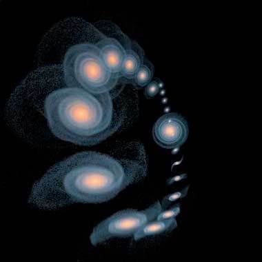 Abb. 2. Eine stroboskopische Projektion von Ergebnissen einer detaillierten numerischen Simulation einer möglichen Umlaufbahn des Dreiecksnebels um Andromeda. Andromeda ist die kreisrunde Scheibe rechts von der Bildmitte. Die Form des Dreiecksnebels, der hier in verschiedenen Phasen seines Umlaufs dargestellt ist, verändert sich unter dem Gravitationseinfluss der größeren Galaxie. Die Simulation legt nahe, dass sich Andromeda letztendlich auch den Dreiecksnebel einverleiben wird.