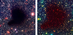 Staub im Weltall: Unser Bild zeigt die sogenannte Globule Barnard 68, eine dichte interstellare Wolke aus Staub und Gas – einmal im sichtbaren Licht aufgenommen (links), und einmal im Infraroten (rechts). Die Wolke ist so dicht, dass sie ihre eigene Last nicht tragen kann und bald in sich zusammenfallen wird. So wird in ihrer Mitte ein neuer Stern mit seinem Planetensystem entstehen. Das Geschehen lässt sich im sichtbaren Licht allerdings nicht verfolgen, denn hier ist die Wolke vollkommen undurchsichtig: Das erkennen wir daran, das von den Sternen im Hintergrund der Wolke keiner zu sehen ist. Ganz anders im infraroten Licht: Es durchdringt die Staubwolke nahezu ungeschwächt, und wir erkennen zahlreiche Sterne im Hintergrund. Im Infraroten lässt sich also auch das geschehen im Inneren der Wolke beobachten. So können die Astronomen zwar nicht die zeitliche Abfolge beobachten, die zur Entstehung eines bestimmten Sterns führt – das dauert Millionen Jahre; aber sie können viele Objekte in unterschiedlichen Entwick-lungsstadien beobachten und daraus den Ablauf der Sternentstehung ableiten.