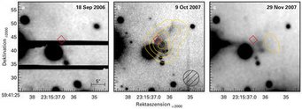 Abb. 4: Drei Aufnahmen des in Abb. 3c markierten Ausschnitts im sichtbaren Licht. Im Teilbild b sind in gelb die Konturen des Infrarotechos eingetragen, hier ist auch das schwache Leuchten des optischen Lichechos zu erkennen. Aus dem zwei mal zwei Bogensekunden großen roten Quadrat wurde das zur Spektroskopie verwendete Licht extrahiert (vgl. Abb. 5). Unten rechts im Teilbild b ist die Auflösung der Infrarotbilder angegeben. Abb. 4: Drei Aufnahmen des in Abb. 3c markierten Ausschnitts im sichtbaren Licht. Im Teilbild b sind in gelb die Konturen des Infrarotechos eingetragen, hier ist auch das schwache Leuchten des optischen Lichechos zu erkennen. Aus dem zwei mal zwei Bogensekunden großen roten Quadrat wurde das zur Spektroskopie verwendete Licht extrahiert (vgl. Abb. 5). Unten rechts im Teilbild b ist die Auflösung der Infrarotbilder angegeben.