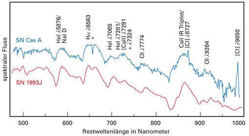 Abb. 5: Das Spektrum des Lichtechos an der in Abb. 4b markierten Stelle, verglichen mit dem Spektrum der typischen IIb-Supernova 1993 J. Es herrscht weitgehende Überenstimmung, deutlich sind die charakteristischen, breiten Emissionslinien des Wasserstoffs und Heliums zu erkennen. Abb. 5: Das Spektrum des Lichtechos an der in Abb. 4b markierten Stelle, verglichen mit dem Spektrum der typischen IIb-Supernova 1993 J. Es herrscht weitgehende Überenstimmung, deutlich sind die charakteristischen, breiten Emissionslinien des Wasserstoffs und Heliums zu erkennen.
