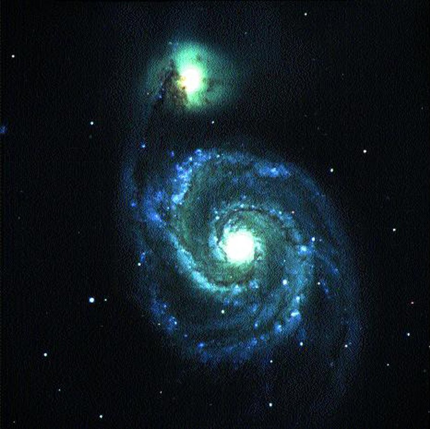 Fig. 5: A famous pair of interacting galaxies. The spiral galaxy Messier 51 in the constellation Hunting Dogs and its smaller companion, imaged with the MOSCA-camera at the 3.5-m telescope. Fig. 5: A famous pair of interacting galaxies. The spiral galaxy Messier 51 in the constellation Hunting Dogs and its smaller companion, imaged with the MOSCA-camera at the 3.5-m telescope.