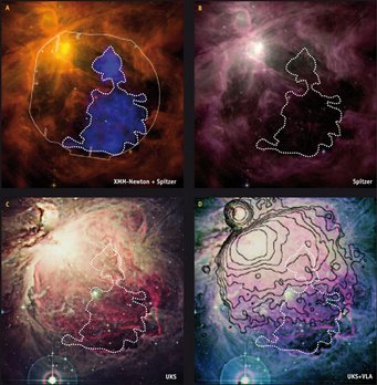 Abb. 2: Diese vier Ansichten des Orionnebels zeigen alle dasselbe Himmelsareal bei unterschiedlichen Wellenlängen. Dadurch lassen sich einzelne Komponenten des Orionnebels unterscheiden. Abb. 2: Diese vier Ansichten des Orionnebels zeigen alle dasselbe Himmelsareal bei unterschiedlichen Wellenlängen. Dadurch lassen sich einzelne Komponenten des Orionnebels unterscheiden.