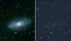 A dIrr galaxy, observed with ESO VLT/VIMOS B,V,I imaging, is shown to the far left and with the background galaxy light subtracted to the right of it.