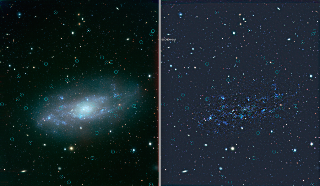 A dIrr galaxy, observed with ESO VLT/VIMOS B,V,I imaging, is shown to the far left and with the background galaxy light subtracted to the right of it.